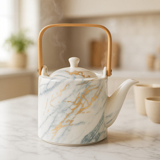 White Marbled Teapot with Warm Metallic Accent