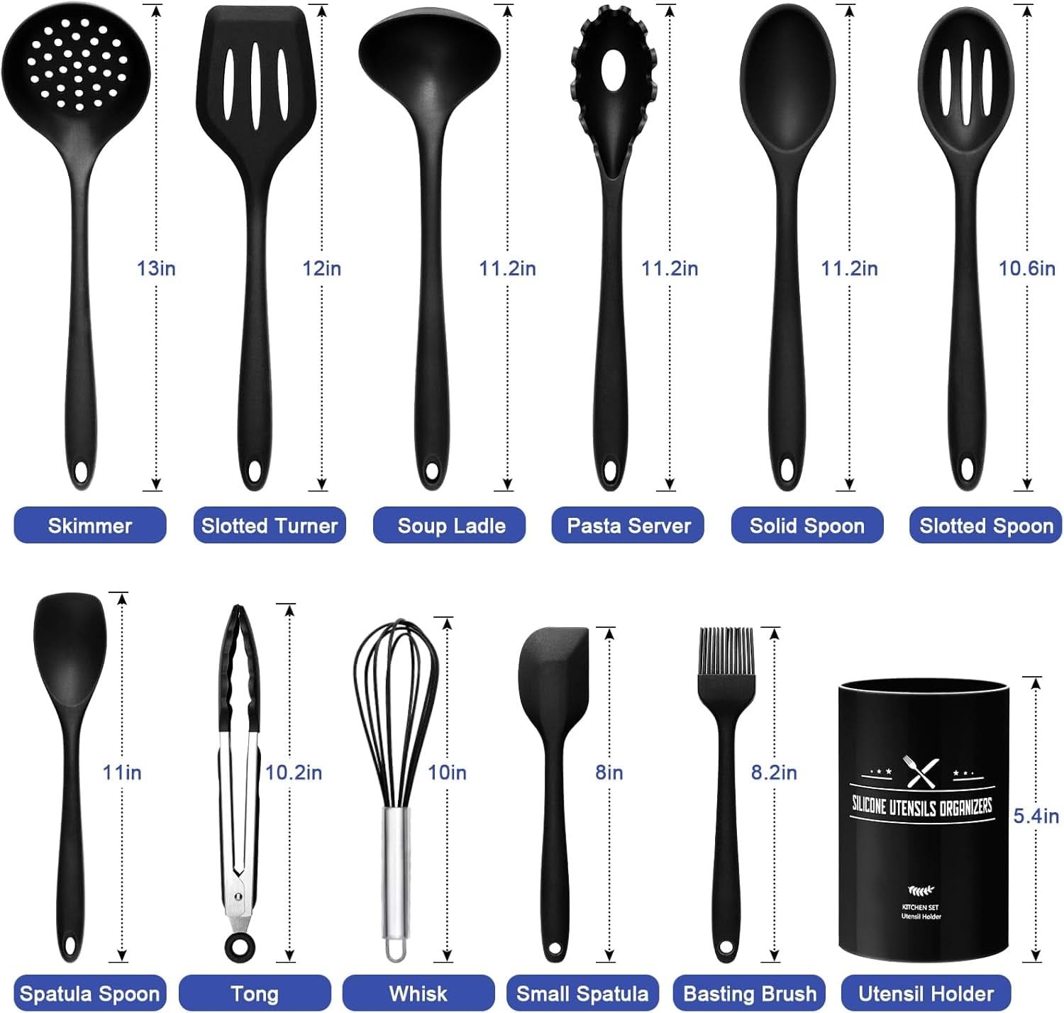 12-Piece Silicone Kitchen Utensils Set – Heat-Resistant Includes Holder, BPA-Free Non-Stick Spatulas and Tools, Perfect for Everyday Cooking (Black)