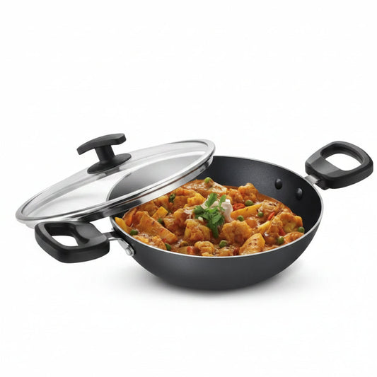 By Everyday Non-Stick Kadhai with Glass Lid Low Oil Cooking Cool Touch Handles
