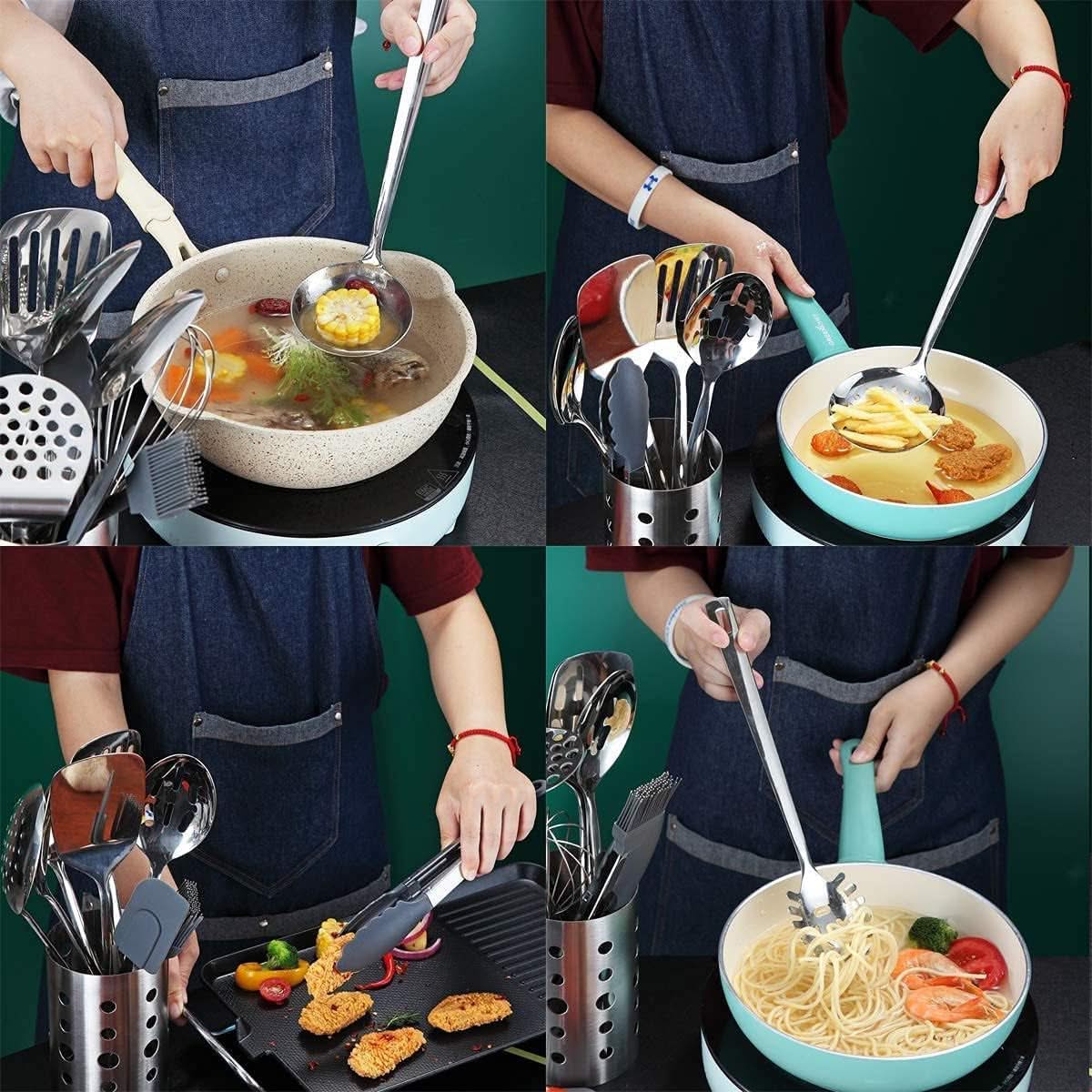 Stainless Steel Cooking Utensils Set, 13 Pieces Kitchen Utensils Set – Includes Heat-Resistant and Non-Stick Tools, Utensil Holder, Dishwasher Safe, and Easy to Clean