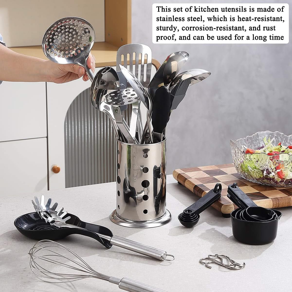 38-Piece Stainless Steel Cooking Utensils Set – Includes Spoons, Spatulas, and Sturdy Utensil Holder, Dishwasher Safe