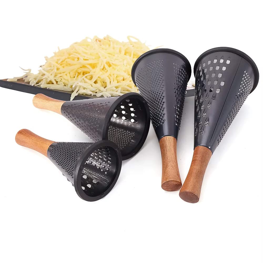Modern Multi-functional Cone-Shaped Grater 3-Side with Wooden Handle – Ideal for Cheese, Vegetables, and Fruits in the Kitchen (Black), Available in 4 Sizes