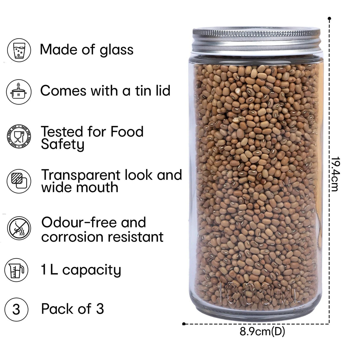 Set of 3 Clear Glass Jars 1L, Airtight, Tin Lid, Kitchen Storage