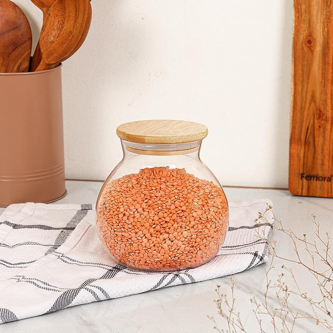 Kitchen Storage Jars Borosilicate Glass With Wooden Lid Air Tight Jar, 1000 ml, Pack of 1, Transparent