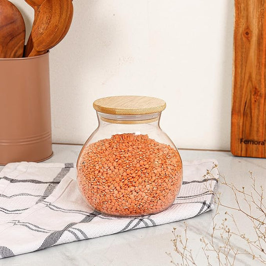 Kitchen Storage Jars Borosilicate Glass With Wooden Lid Air Tight Jar, 1000 ml, Pack of 1, Transparent