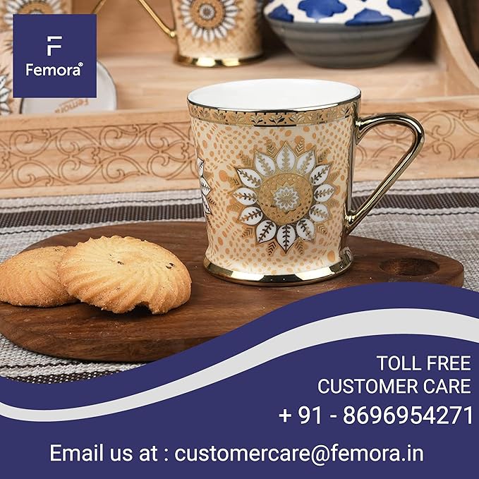 Lotus Pattern With Golden Handle Golden Coffee Mugs, 180 ml, Golden, 6 Pieces Set, Not Microwave Safe
