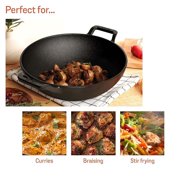 Pre Seasoned Cast Iron Kadai, Iron Kadhai with Lid 20 cm/ 1.5 L Black