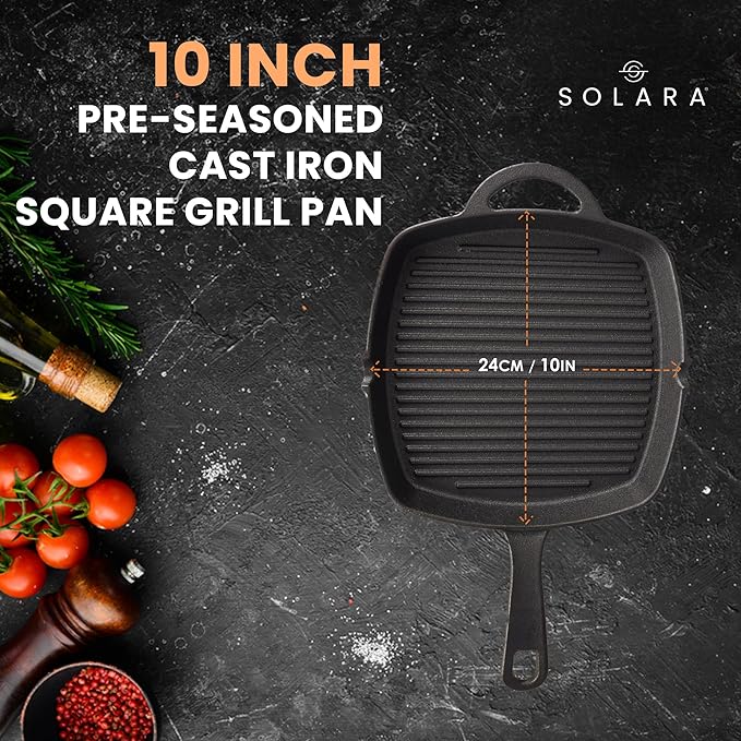 Premium Pre-seasoned Cast Iron Grill Pan With Long Handle, 24 cm, Induction Friendly