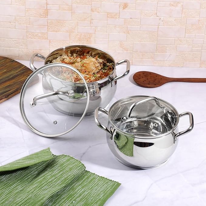 Stainless Steel 2 Piece Almaty Sauce Pot With Glass Lid, Diameter 14 & 16 cm, Capacity 1.3 & 2 L