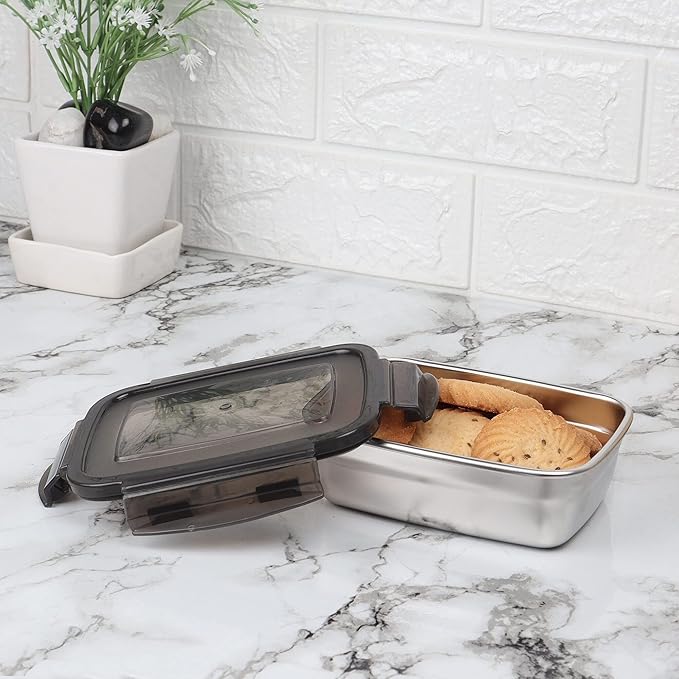 High Steel Rectangle Container With Lock Lid Lunch Box for Office, Storage, Lunch Box, 550 ml, Set of 3