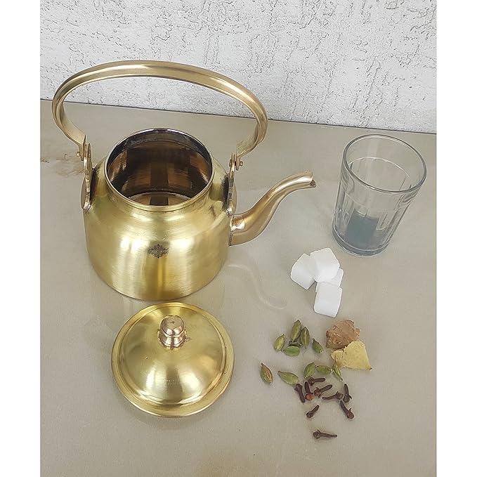 Indian Art Villa Pure Brass Matt Finish Tea Pot/Tea Kettle Volume | 400 ml Gold
