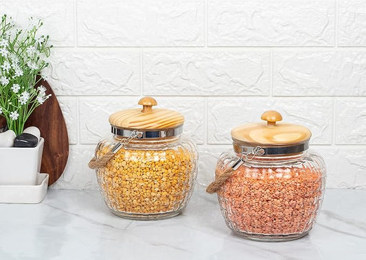 Kitchen Storage Jars Embossed Glass Jar With Wooden Lid & Jute Chain Air Tight Jar, 2000 ml, Pack of 2