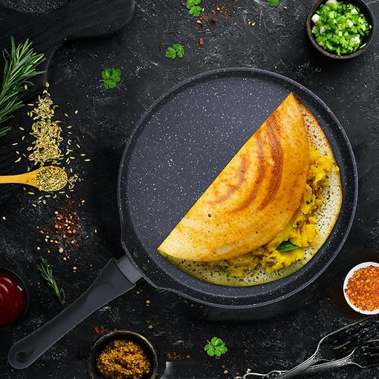 Granite Dosa Tawa Non Stick Pan 28 cm, Dosa Tawa Induction Base & Gas Compatible With Soft-touch Handles - Black