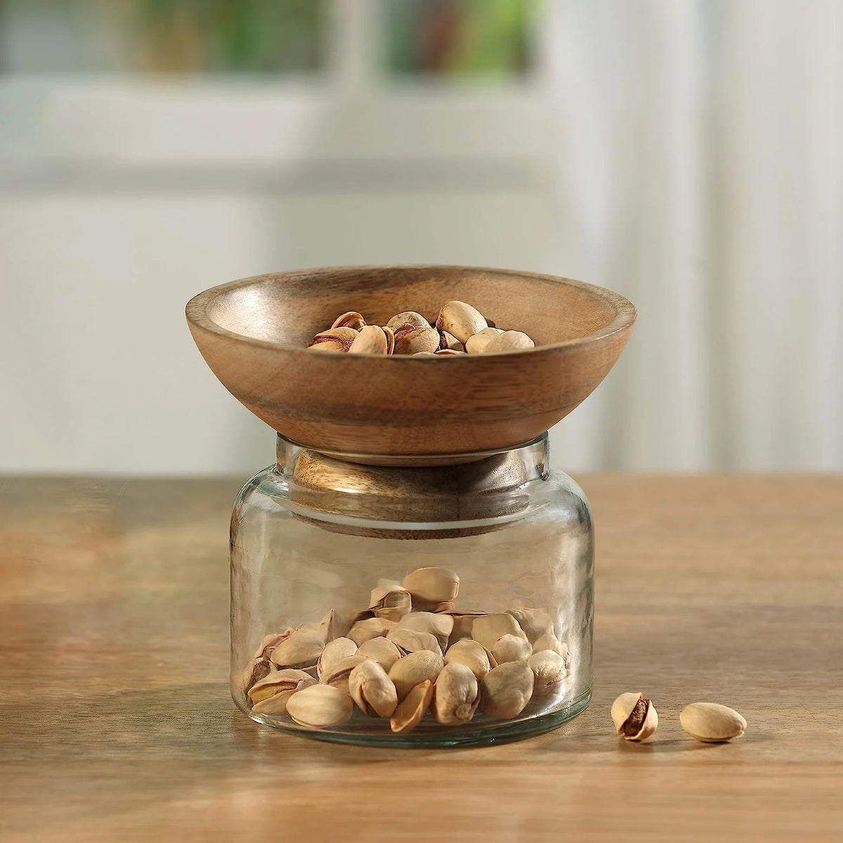Glass Jar with Wooden Bowl, 200 ml, Transparent, BPA-Free, Spice Storage