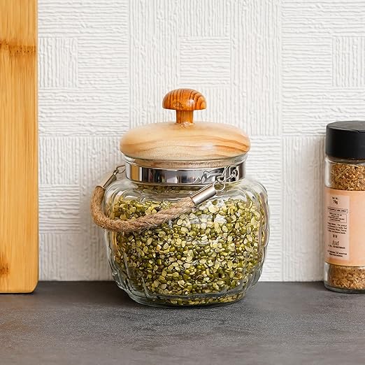Kitchen Storage Jars Embossed Glass Jar With Wooden Lid & Jute Chain Air Tight Jar, 500 ml, Pack of 4