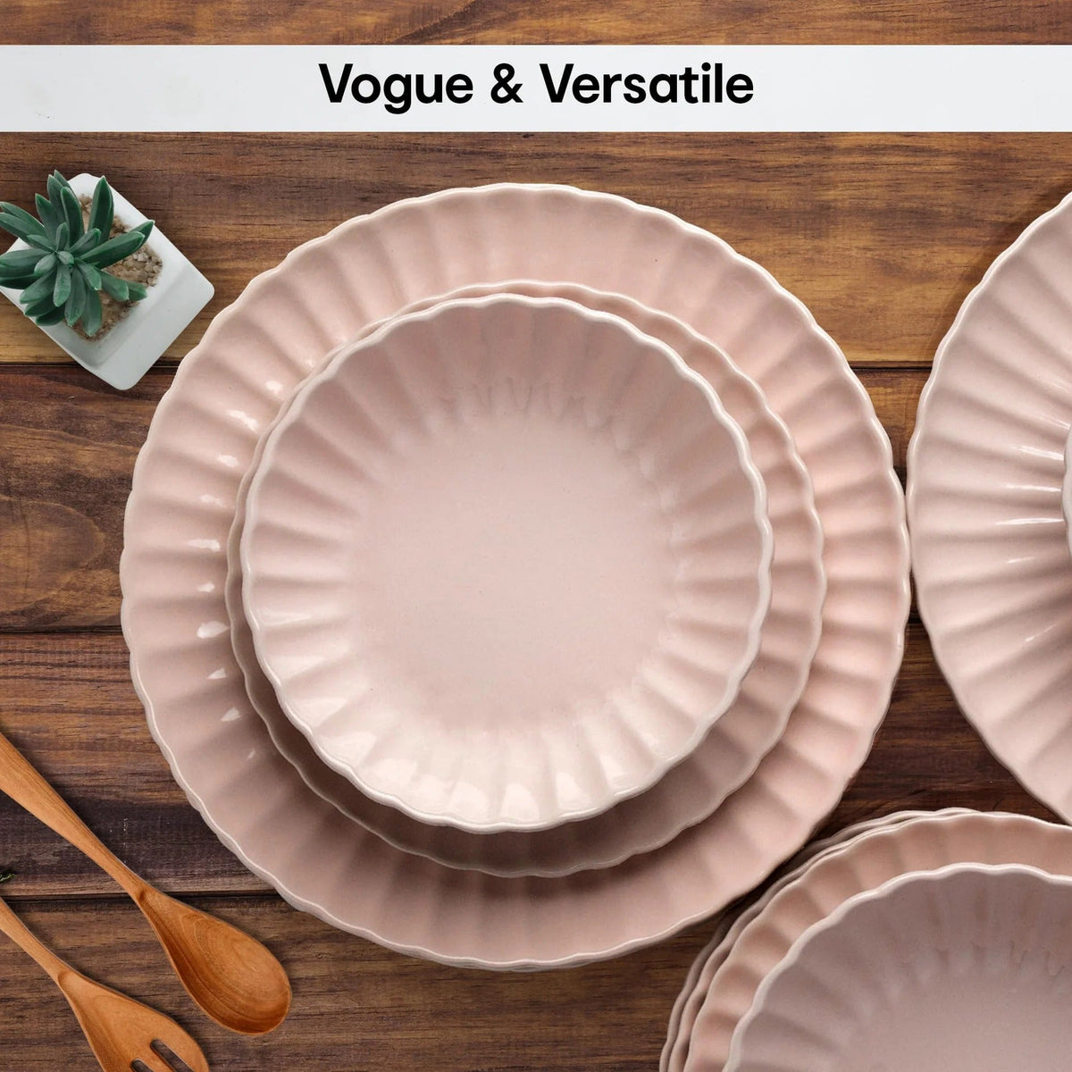 Scalloped 12 Pieces Solid Stoneware Dinner Set Pink Lead Cadmium Free Microwave Dishwasher Safe 4 Dinner