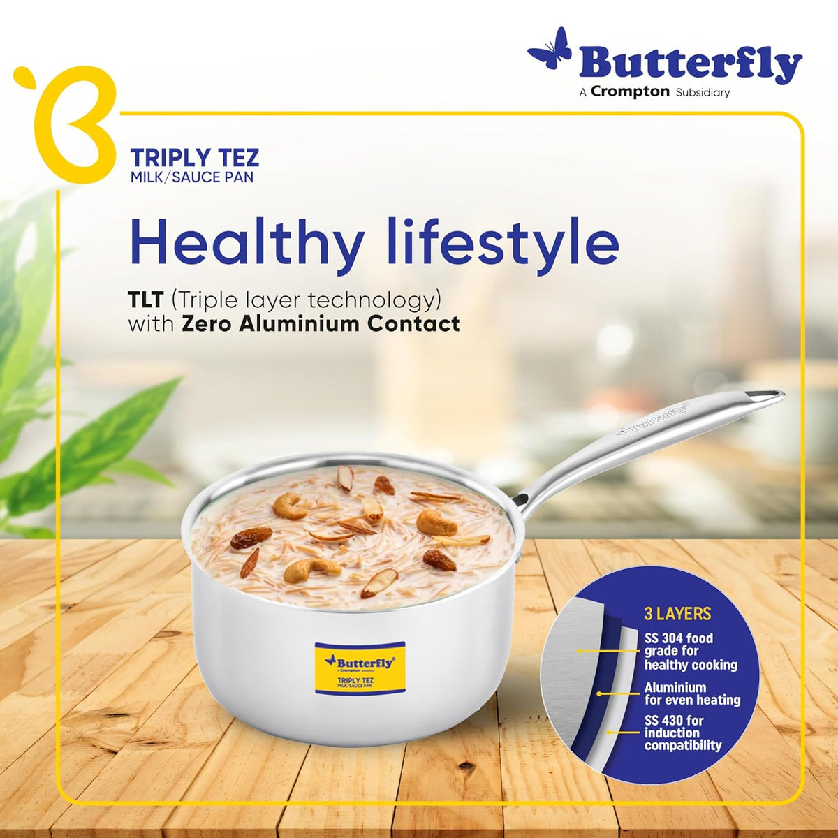 Tez Triply Milk/sauce Pan With Ss Lid, 2.1 L, 18 cm, Stay Cool Handle, Induction Compatible