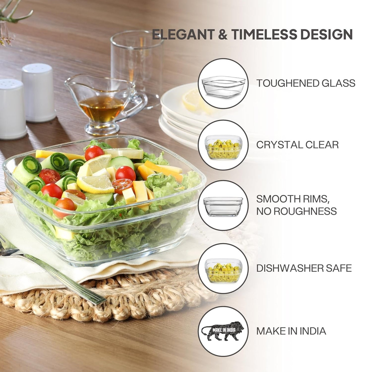 Square Serving Glass Bowl for Kitchen 1100 ml