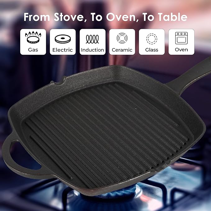 Premium Pre-seasoned Cast Iron Grill Pan With Long Handle, 24 cm, Induction Friendly