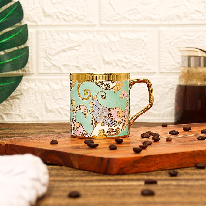 Bone China Gold Tea Cup, Dancing Peahens, 180 ml