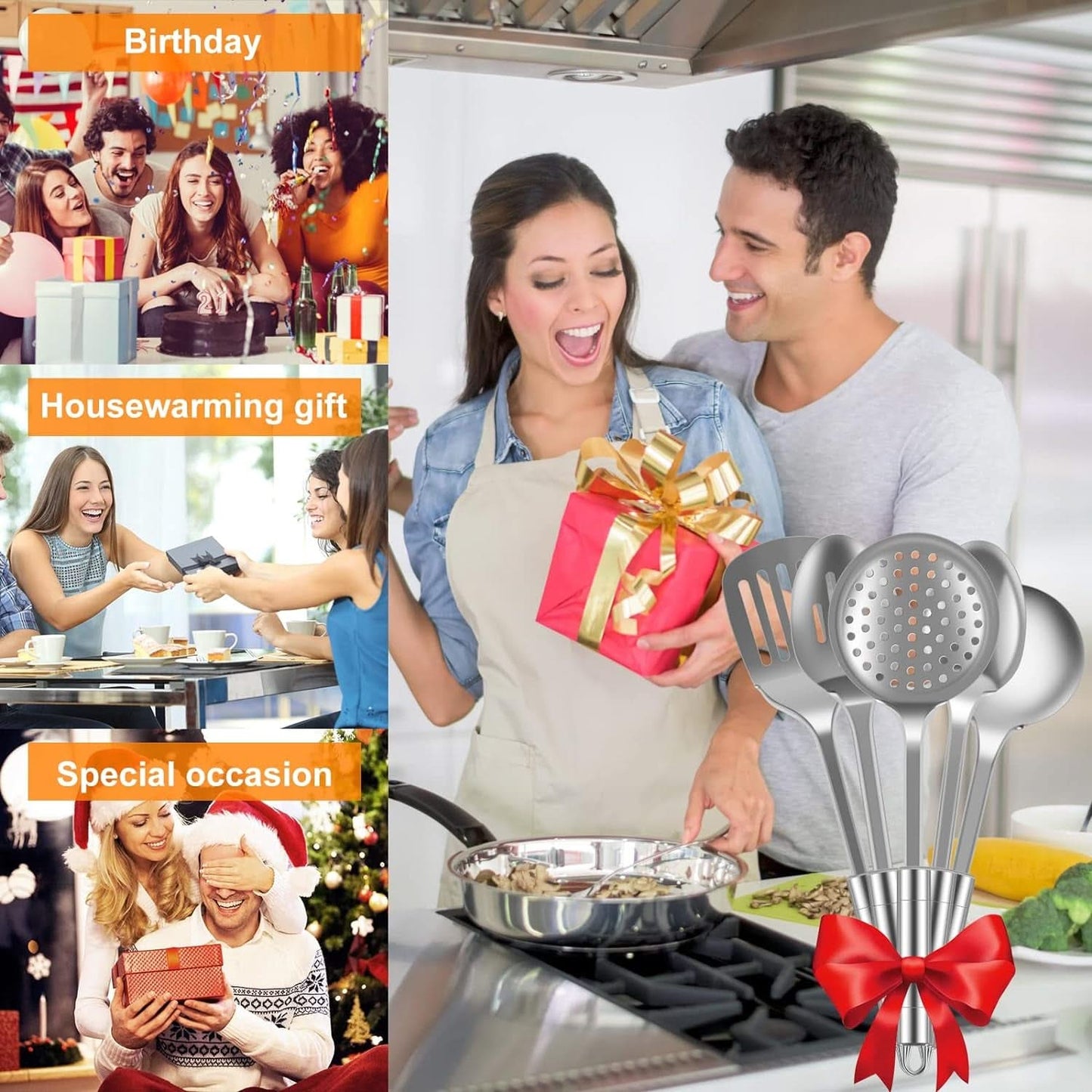 5-Piece Stainless Steel Kitchen Utensils Set – Heat-Resistant Spoons and Spatula with Hanging Hole, Non-Stick and Dishwasher Safe