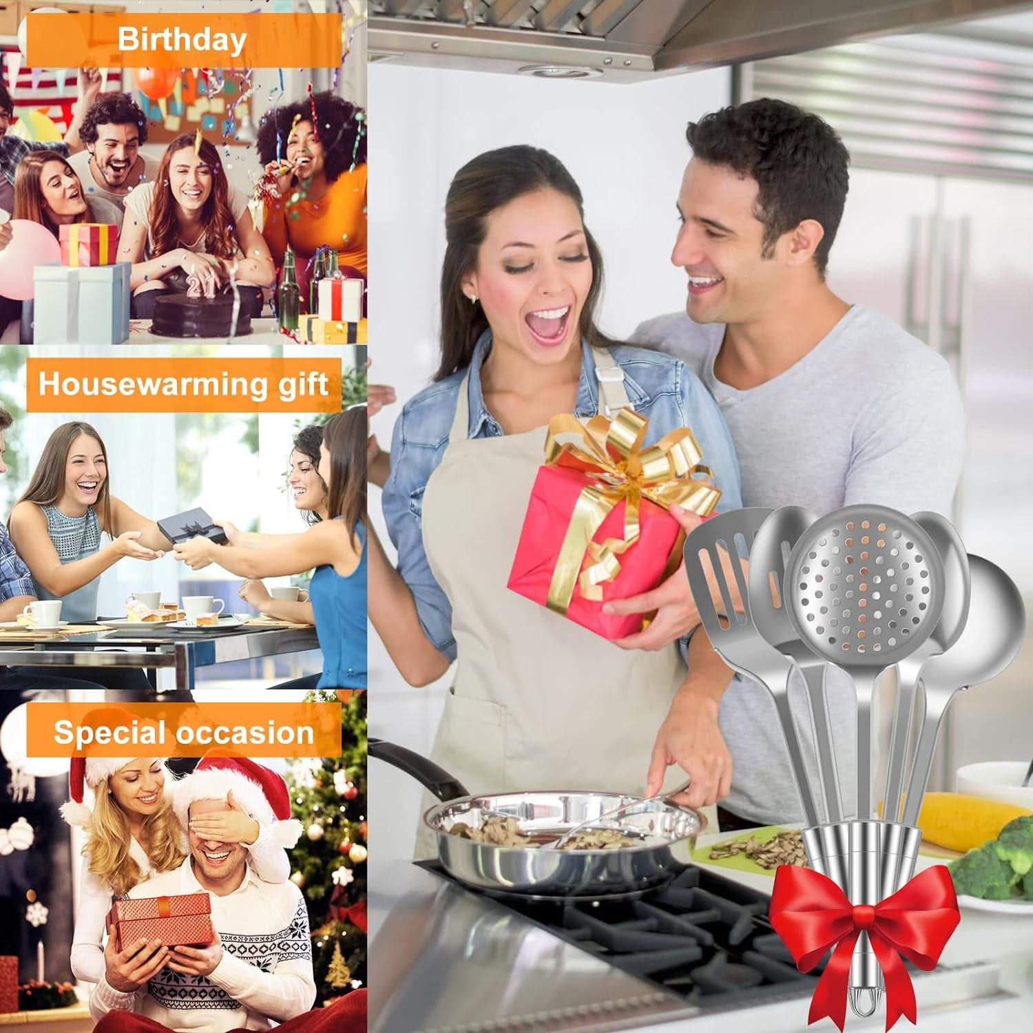 5-Piece Stainless Steel Kitchen Utensils Set – Heat-Resistant Spoons and Spatula with Hanging Hole, Non-Stick and Dishwasher Safe