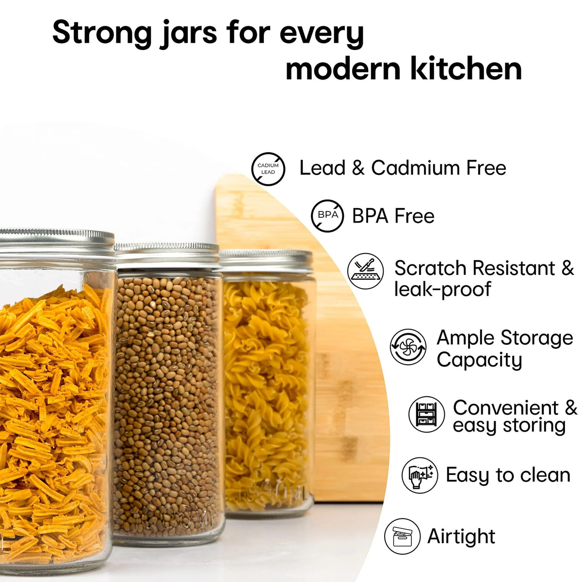 Set of 3 Clear Glass Jars 1L, Airtight, Tin Lid, Kitchen Storage
