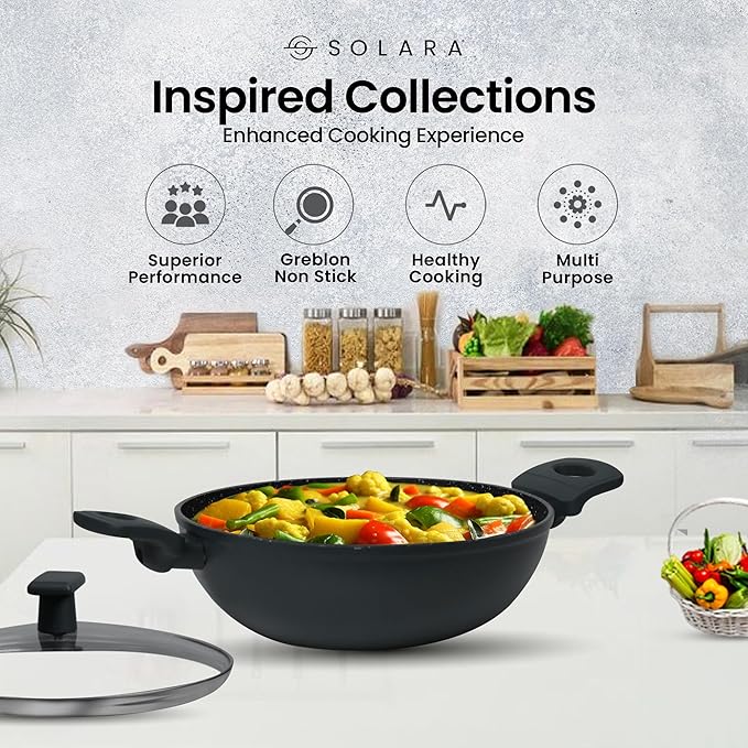 Non Stick Kadai With Lid 24 cm, Induction Kadai, Granite Stone Kadhai With Glass Lid, Biryani Pot, 2.4 L