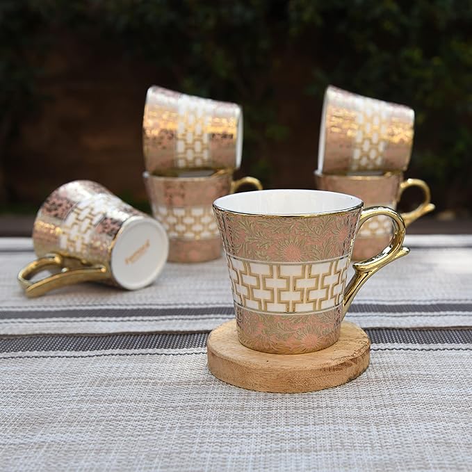 Golden Daisy Finish Ceramic Tea Cups, Coffee Mugs, 160 ml, Golden, 6 Pcs Set, Not Microwave Safe