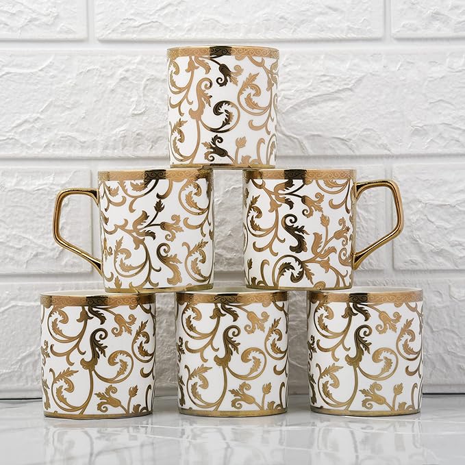 Gloden Floral Motif Pattern Golden Tea Mugs, Ceramic, Coffee Mugs, 180 ml, Golden, 6 Pcs Set