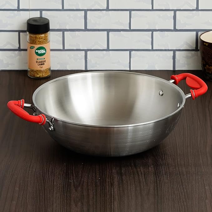 Stainless Steel Zero Non-stick Coating Healthy Cooking Tri-ply Deep Frying Kadhai Pan With Silicone Handle