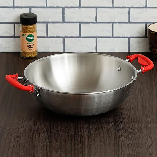 Stainless Steel Zero Non-stick Coating Healthy Cooking Tri-ply Deep Frying Kadhai Pan With Silicone Handle