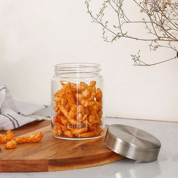 Kitchen Storage Jars Borosilicate Glass With Steel Lid Air Tight Jar, 350 ml, Pack of 2
