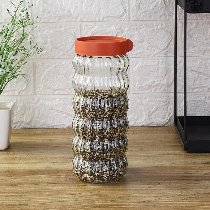 Kitchen Storage Jars Clear Glass With Plastic Stackable Lid Jar, 1000 ml, Set of 2