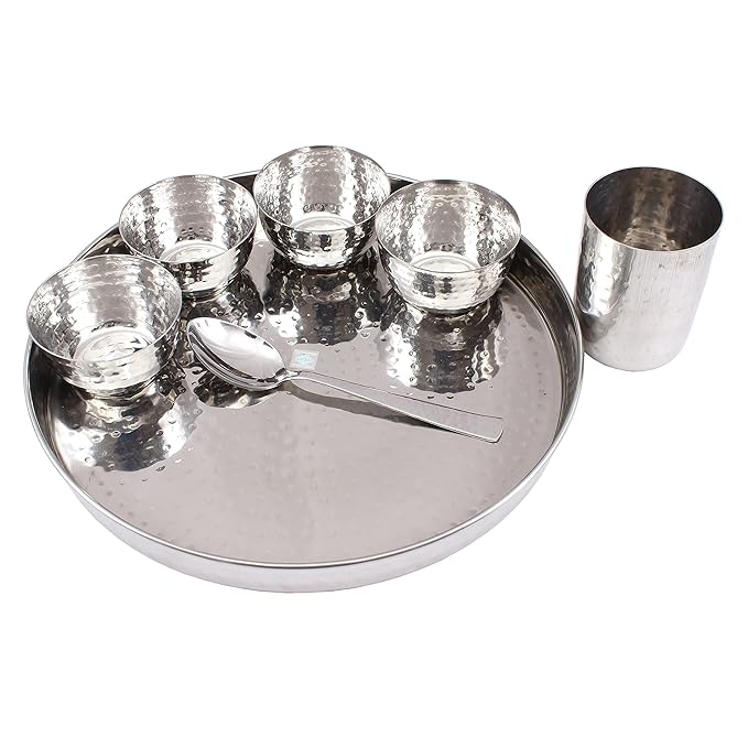 Stainless Steel Dinner Set/Thali Set of 1 Plate 4 Bowls 1 Glass & 1 Spoon (7 Pieces)