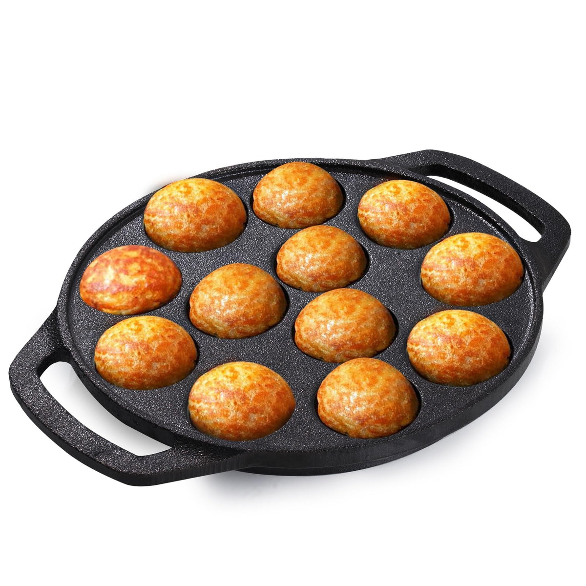 12-Pit Cast Iron Paniyaram Pan with 4 mm Glass Lid and Wooden Spatula 20 cm Pre-Seasoned Naturally Nonstick