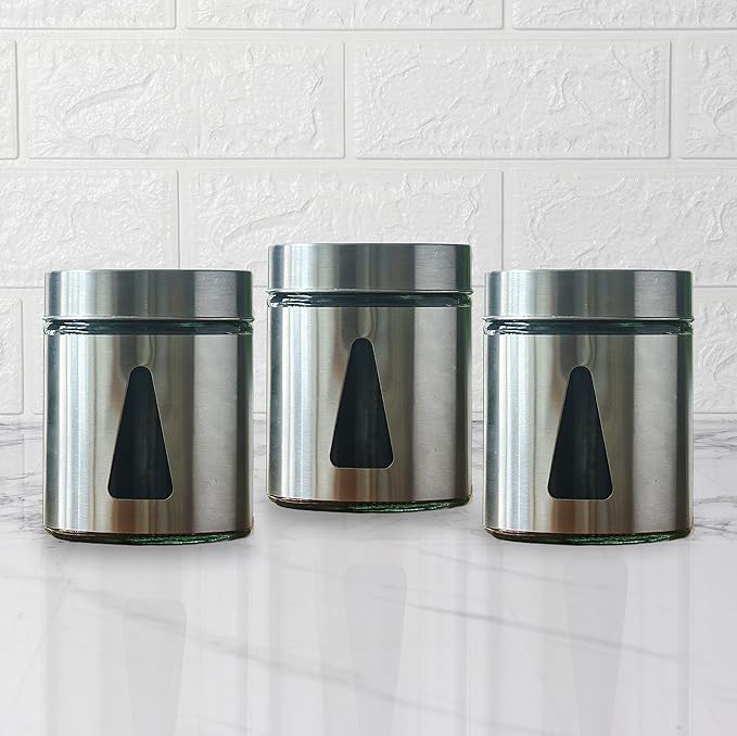 Kitchen Storage Jars Steel Finish With See Through Window Jar, 700 ml, Pack of 3