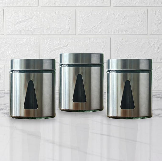 Kitchen Storage Jars Steel Finish With See Through Window Jar, 700 ml, Pack of 3