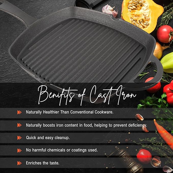 Premium Pre-seasoned Cast Iron Grill Pan With Long Handle, 24 cm, Induction Friendly
