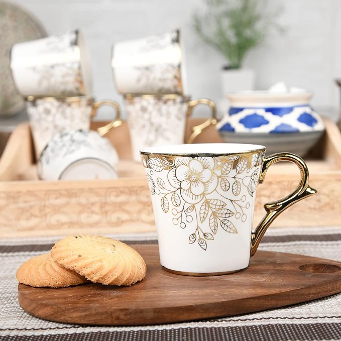 Premium Gold Floral Buds Leaves Ceramic Coffee & Tea Cup Set of 6, 160 ml