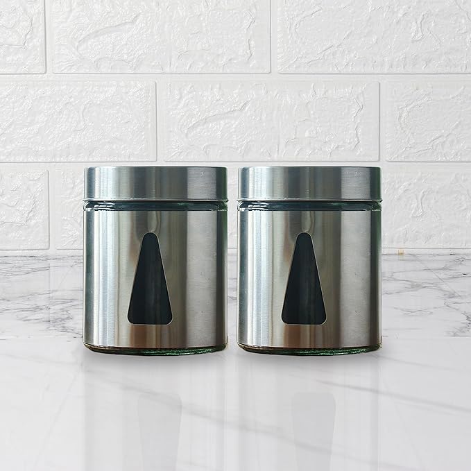 Kitchen Storage Jars Steel Finish With See Through Window Jar, 700 ml, Pack of 2, Silver