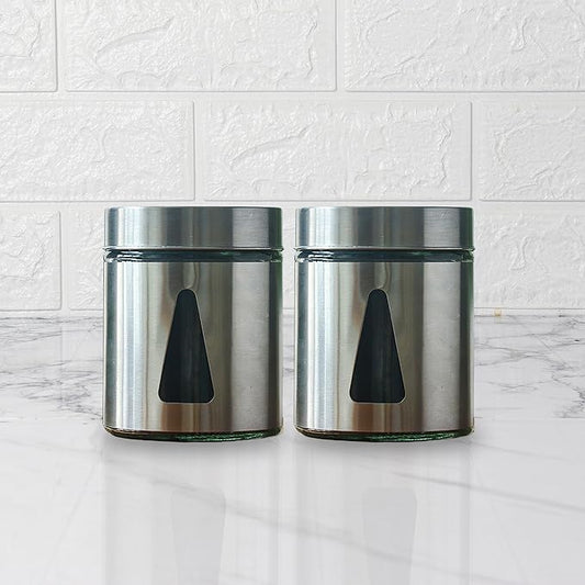 Kitchen Storage Jars Steel Finish With See Through Window Jar, 700 ml, Pack of 2, Silver
