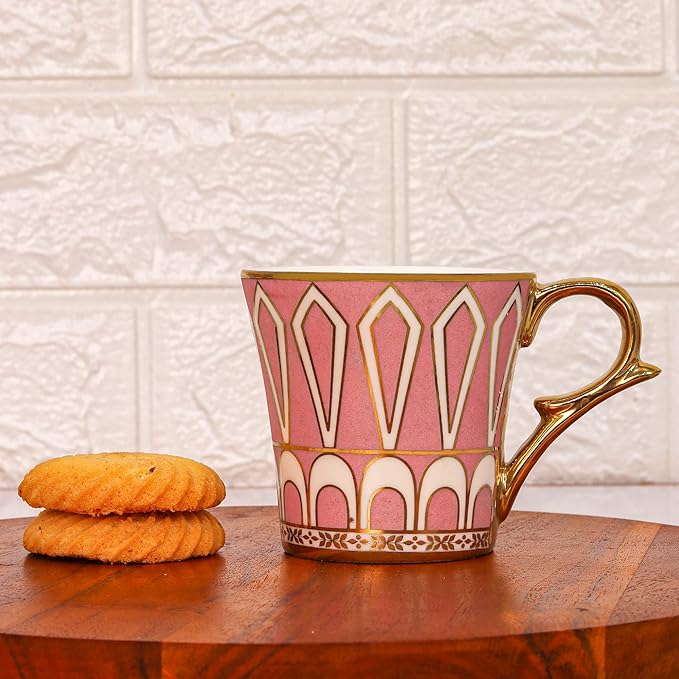 Dropped U Scale Pattern Pattern Golden Tea Mugs, Ceramic Tea Cups, Coffee Mugs, 160 ml, Pink, 6 Pcs Set