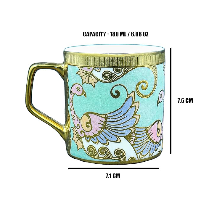 Bone China Gold Tea Cup, Dancing Peahens, 180 ml