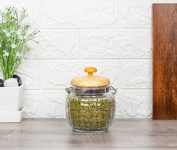 Kitchen Storage Jars Embossed Glass Jar With Wooden Lid & Jute Chain Air Tight Jar, 500 ml