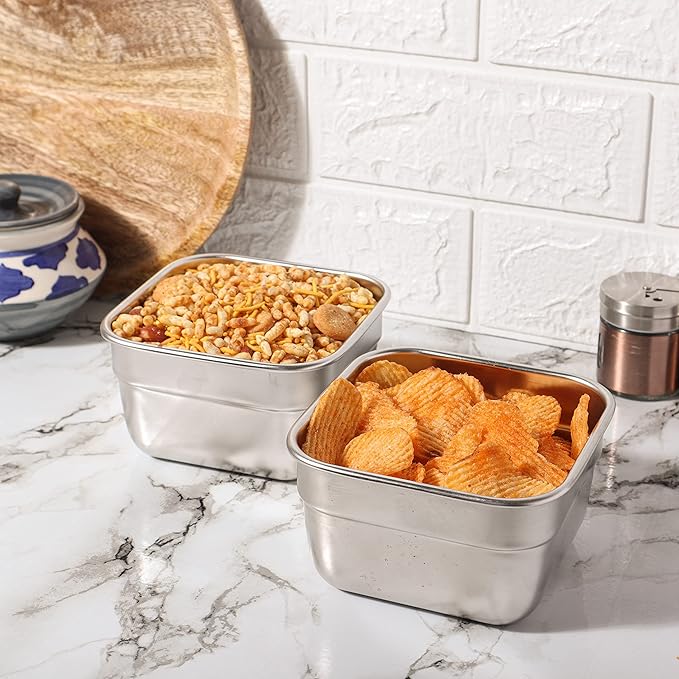 Stainless Steel Square Serving Bowl Set of 2, 750 ml