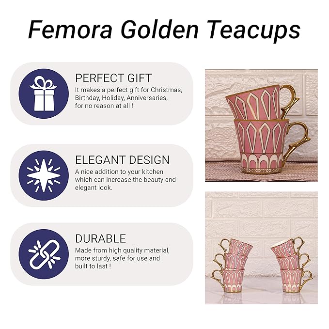 Dropped U Scale Pattern Pattern Golden Tea Mugs, Ceramic Tea Cups, Coffee Mugs, 160 ml, Pink, 6 Pcs Set
