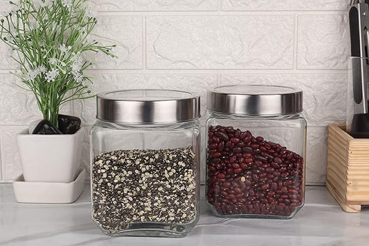 Kitchen Storage Jars Transperent Glass With Steel Lid Air Tight Jar, 1150 ml, Pack of 2