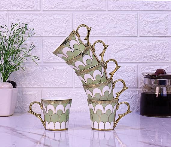Water Drop Scale Pattern Golden Tea Mugs, Ceramic Tea Cups, Coffee Mugs, 160 ml, Green, 6 Pieces Set