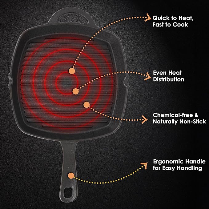 Premium Pre-seasoned Cast Iron Grill Pan With Long Handle, 24 cm, Induction Friendly